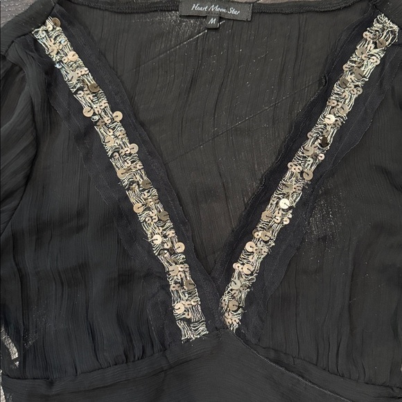 🟠Heart Moon Star Black Sheer Tie Back Blouse w/ Silver Accents & Flare Cuff Sz M - Picture 2 of 4